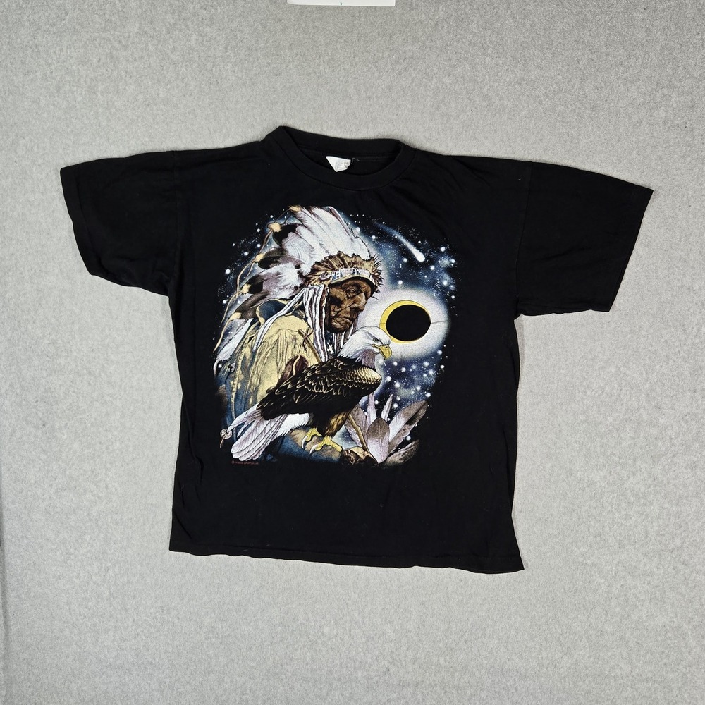 Native American Men Shirt L Black Graphic Native Chief Eagle Y2K Short Sleeve